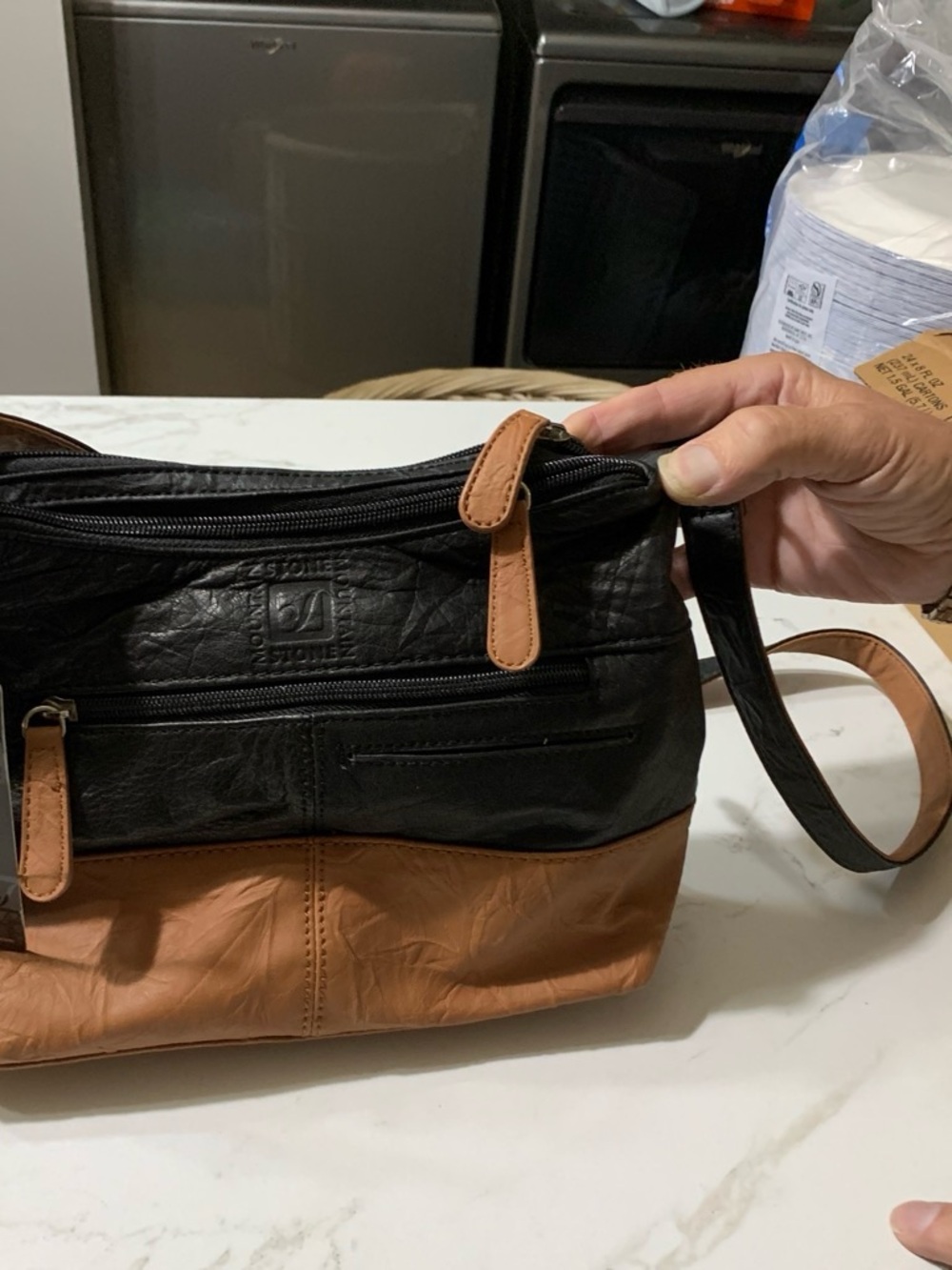 Women’s Two-Tone Black and Brown Leather Crossbody Bag. 3 piece set. Wallet coin